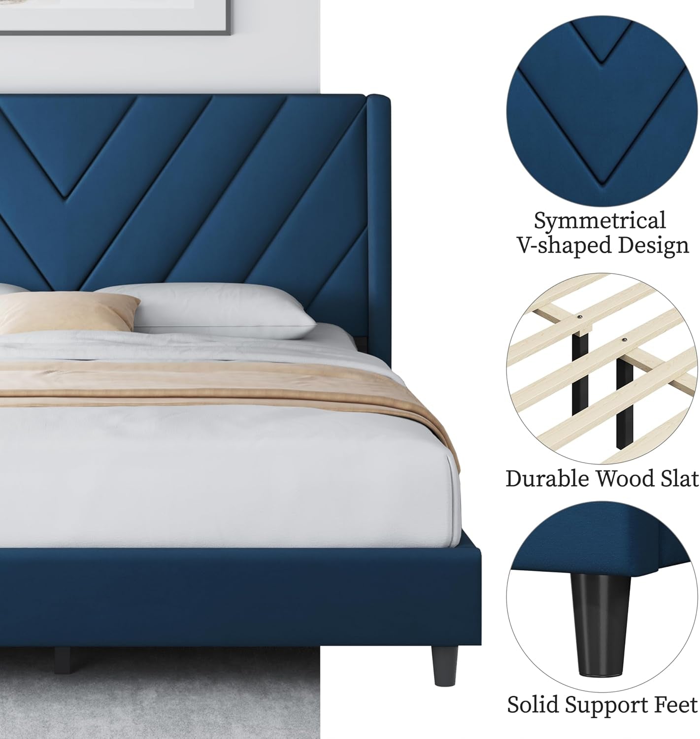 Queen Bed Frame Upholstered Platform Bed with Wing Side/Wooden Slat Support/Tufted Headboard with Wing Side/Mattress Foundation/No Box Spring Needed,Blue Queen Bed