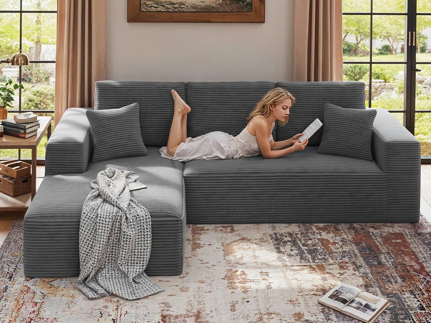 107" Boneless Couch, Sectional Couchs for Living Room & Bedroom, Cloud Couch with L-Shape Chaise Modern Modular Sofa with Deep Seat, No Assembly Required (Soft Gray)