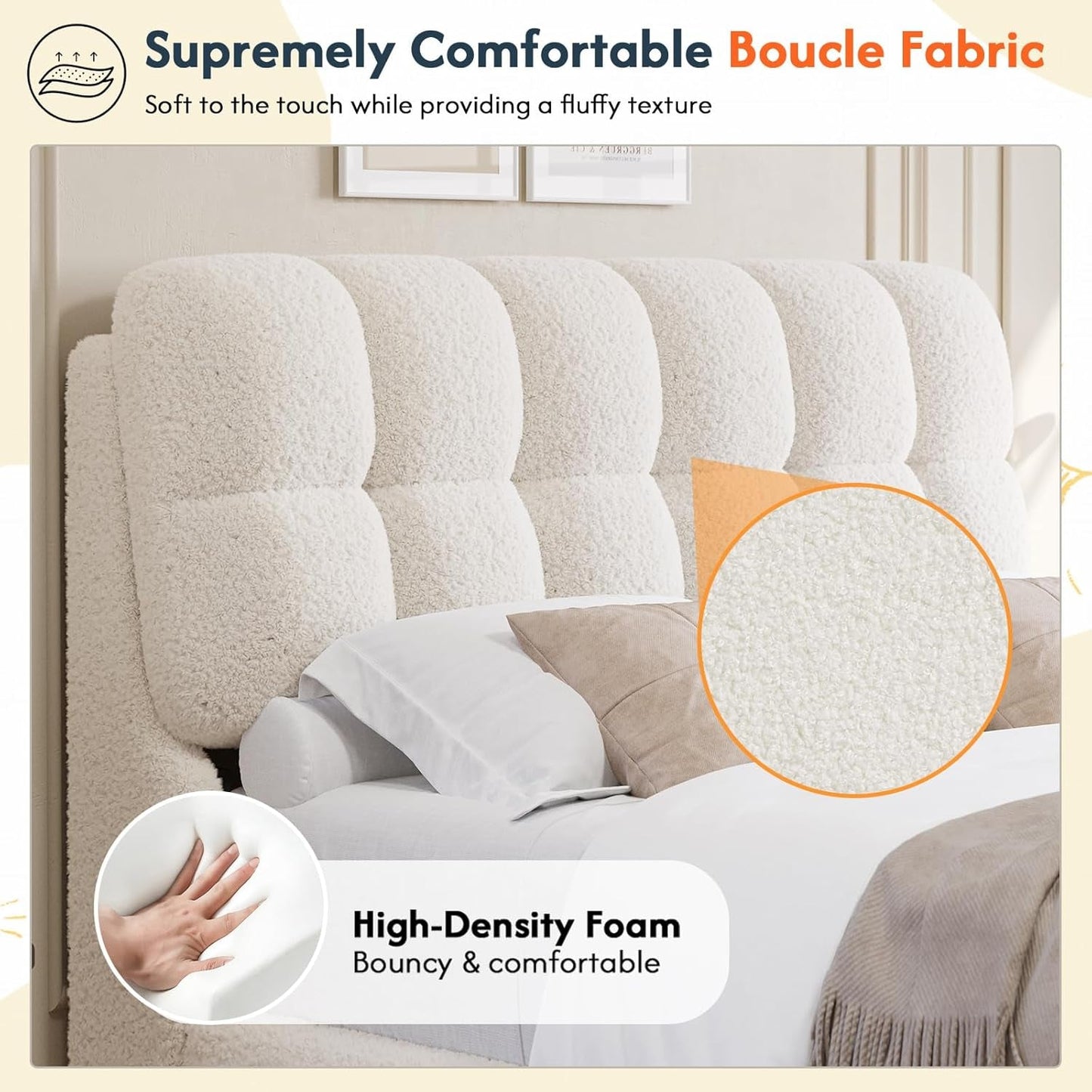 Boucle Full Size Bed Frame with Headboard, Modern Upholstered Platform Bed Frame Full with Rounded Corners, Soft Cloud Beds, Wood Slats Support, No Box Spring Needed, Easy Assembly, Cream