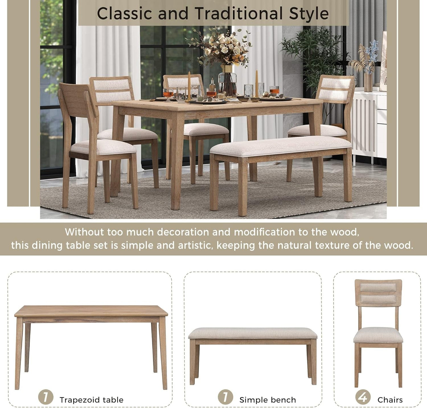 6-Piece 60" Wooden Dining Table Set with 4 Upholstered Chairs and 1 Bench,Classic and Traditional Style,Natural Wood Wash