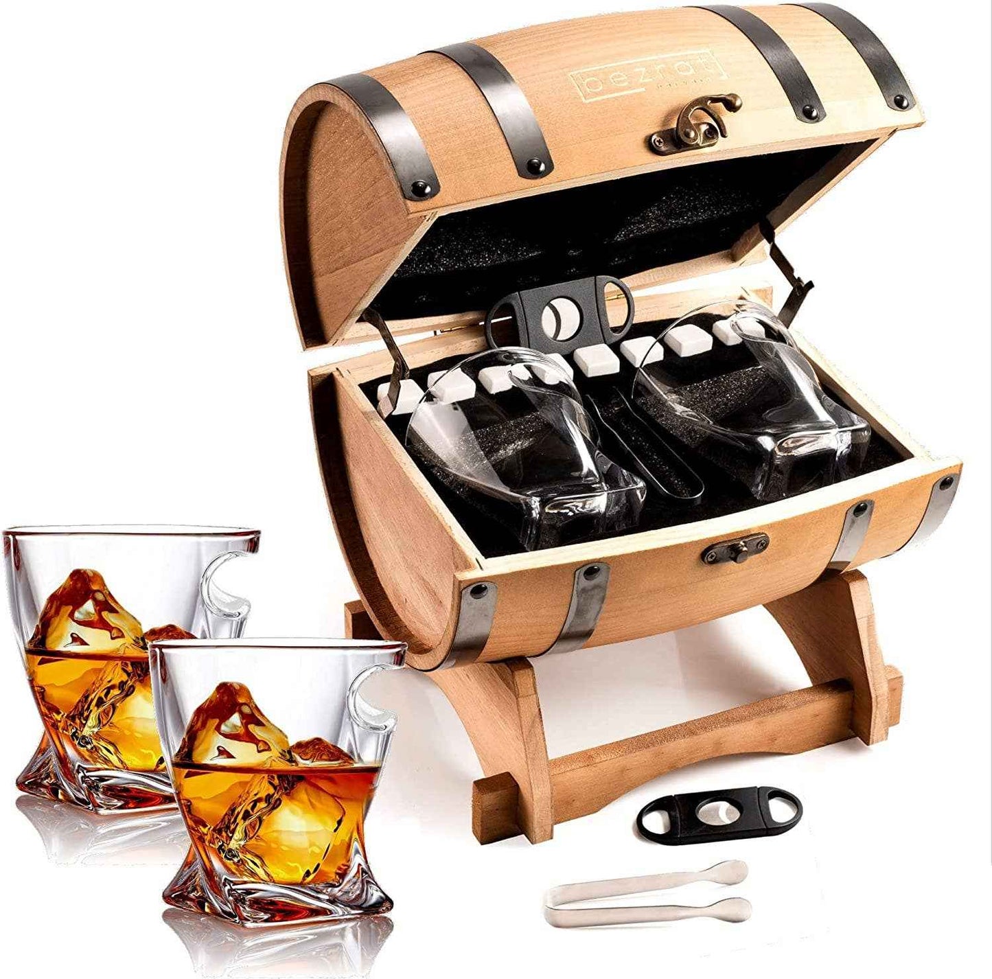 Whiskey Glasses and Accessories In Whiskey Barrel Gift Box