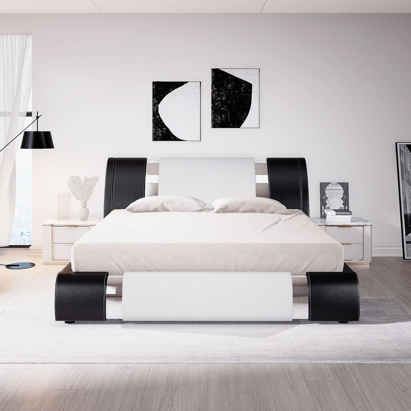 Queen Bed Frame with Iron Piece Decor, Faux Leather Upholstered Platform Bed with Adjustable Headboard & Strong Wooden Slats, No Box Spring Needed, Black and White