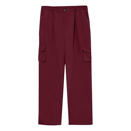 Men's Wide Leg Cargo Pants High Elastic Waist Cotton Drawstring Pants Casual Comfort Lightweight Hiking Trousers with Pocket