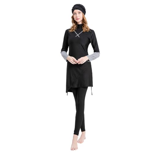Women's Muslim Swimwear Long Sleeve Burkini Full Cover Swimsuit Hijab Rash Guard, 3pcs Set