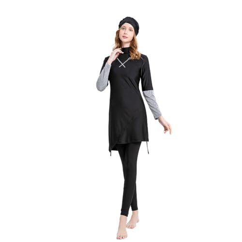 Women's Muslim Swimwear Long Sleeve Burkini Full Cover Swimsuit Hijab Rash Guard, 3pcs Set
