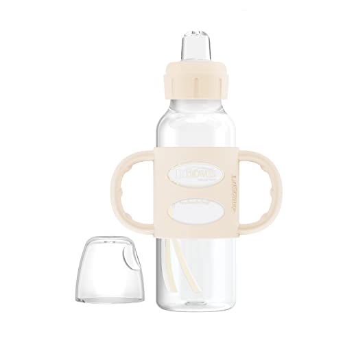 Dr. Brown's Milestones Narrow Sippy Spout Bottle with 100% Silicone Handles, Easy-Grip Handles with Soft Sippy Spout, 8oz/250mL, Light-Pink & Ecru, 2-Pack, 6m+