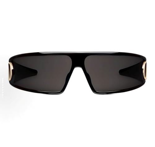 Shield Wrap Sunglasses, Black Frame, Dark Tinted Lens, Sport Style with Gold Logo Accent