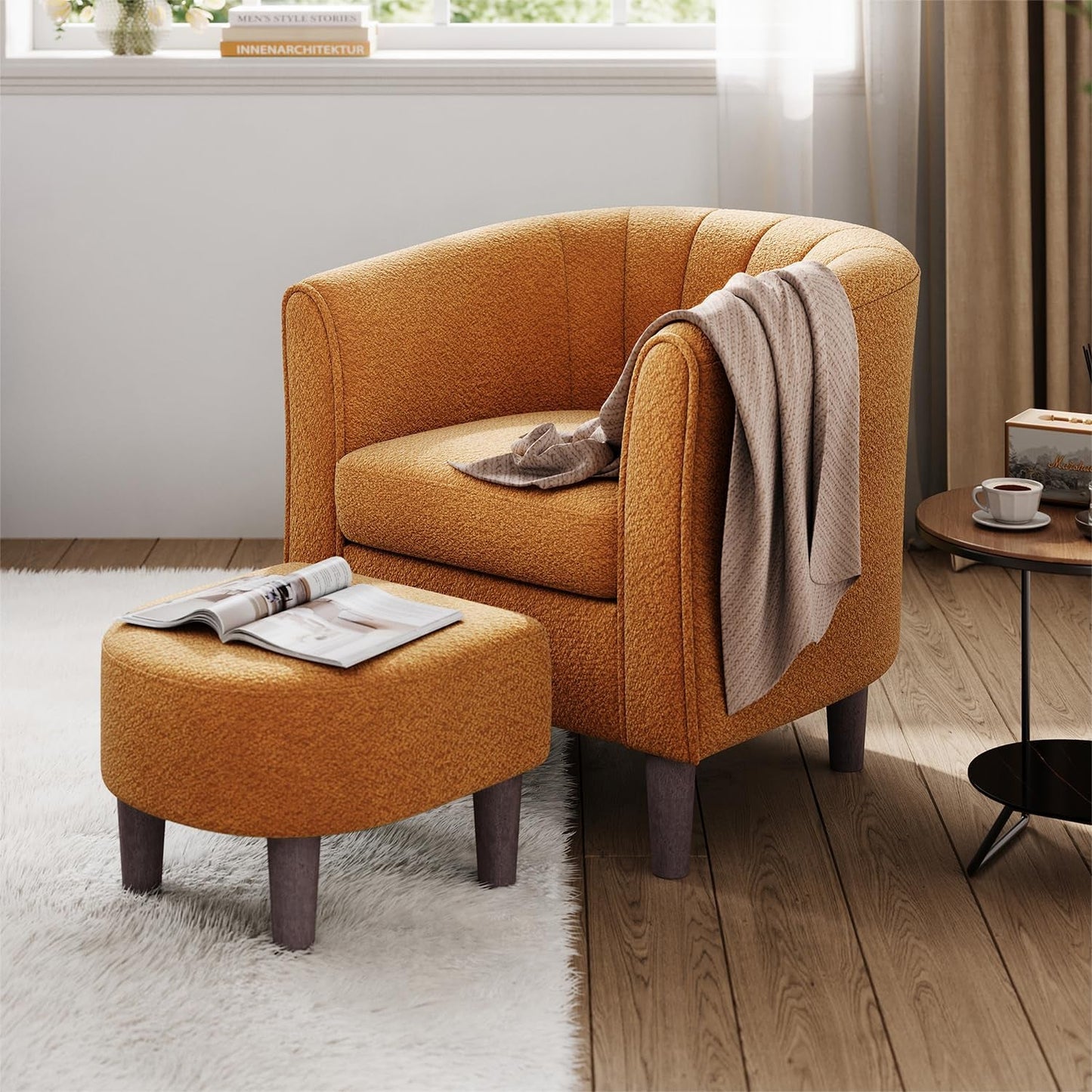 Accent Chair with Ottoman, Chenille Barrel Chair with Footstool, Modern Upholstered Armchair for Living Room Bedroom Waiting Room Office, Orange