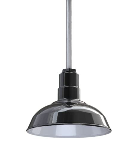Steel Lighting Co. Barn Light Pendant - 12in Dome, Sloped Stem, Heavy Duty Alloy Steel, Black/White, Model S12-01-PR12-08-SL12-01