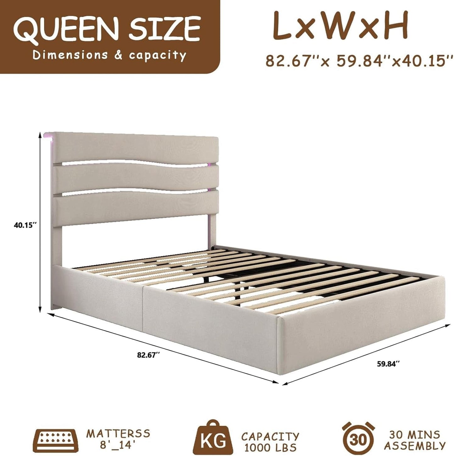 Queen Bed Frame with Fabric Upholstered Headboard and Wooden Slats Support, Queen Size Platform Bed Frame Built in Charging Station & LED, No Box Spring Needed, Easy Assembly, Beige