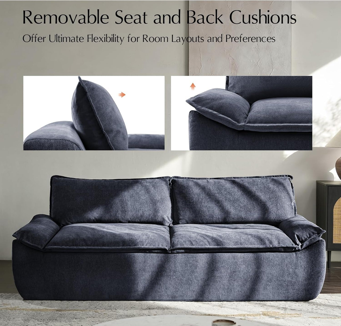 89" Oversized Boneless Couch, 3 Seater Compressed Foam Sofa with Deep Seat, Comfy Cloud Couch with Removable Seat and Back Cushions, No Assembly Required, Navy