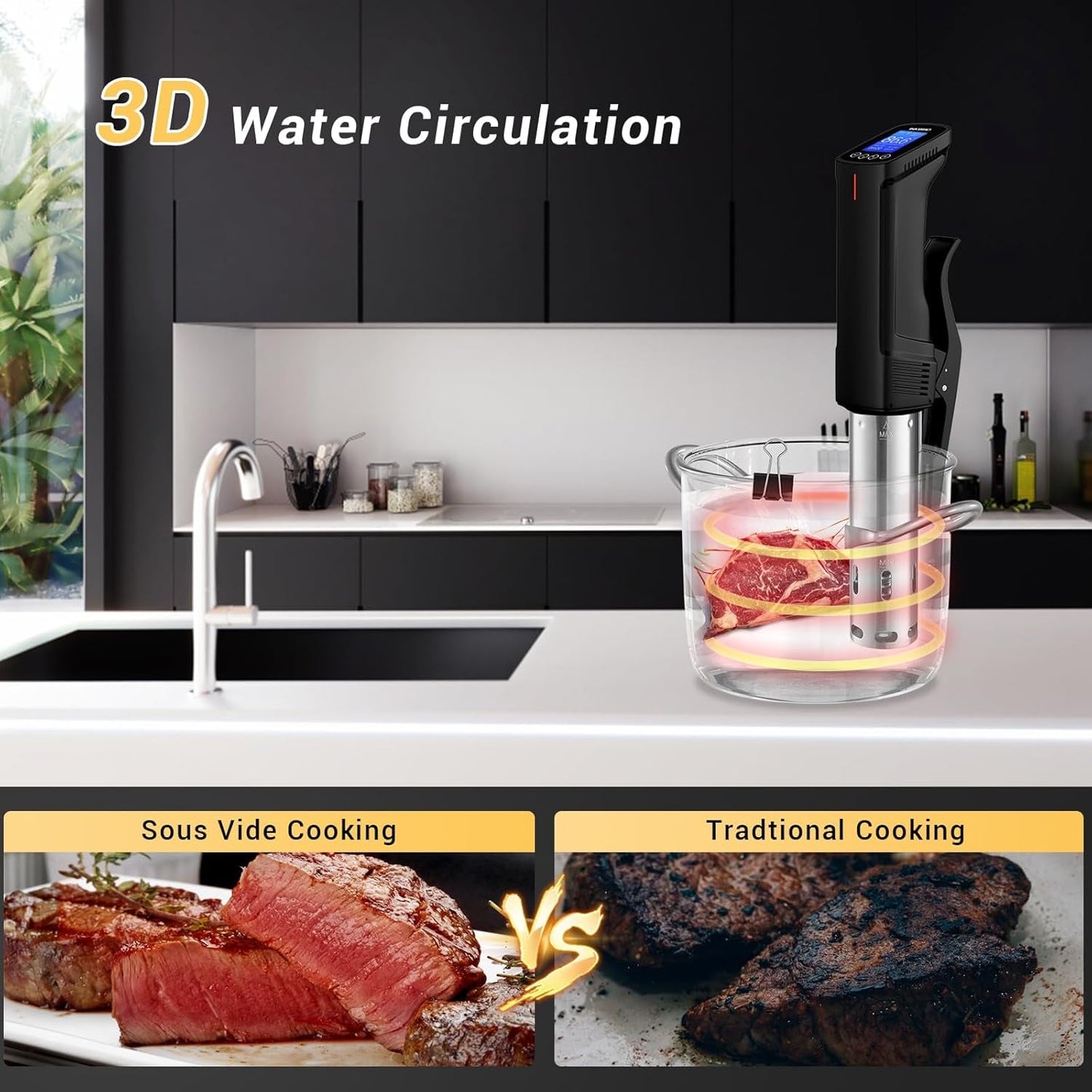 WIFI Sous Vide Cooker ISV-100W, 1000 Watts Sous Vide Machine Immersion Circulator with 14 Preset Recipes on APP & Calibration Function, Thermal Immersion, Fast-Heating with Timer