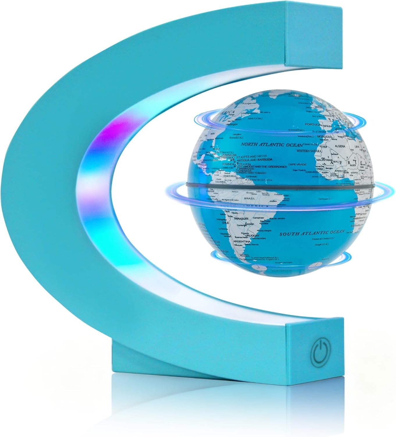 Magnetic Levitation Floating Globe, Levitating C Shape Globe with Cyan Frame and LED Lights for Education Home Office Desk Decor, Holiday Anniversary Creative Gift(3.3 Inches)