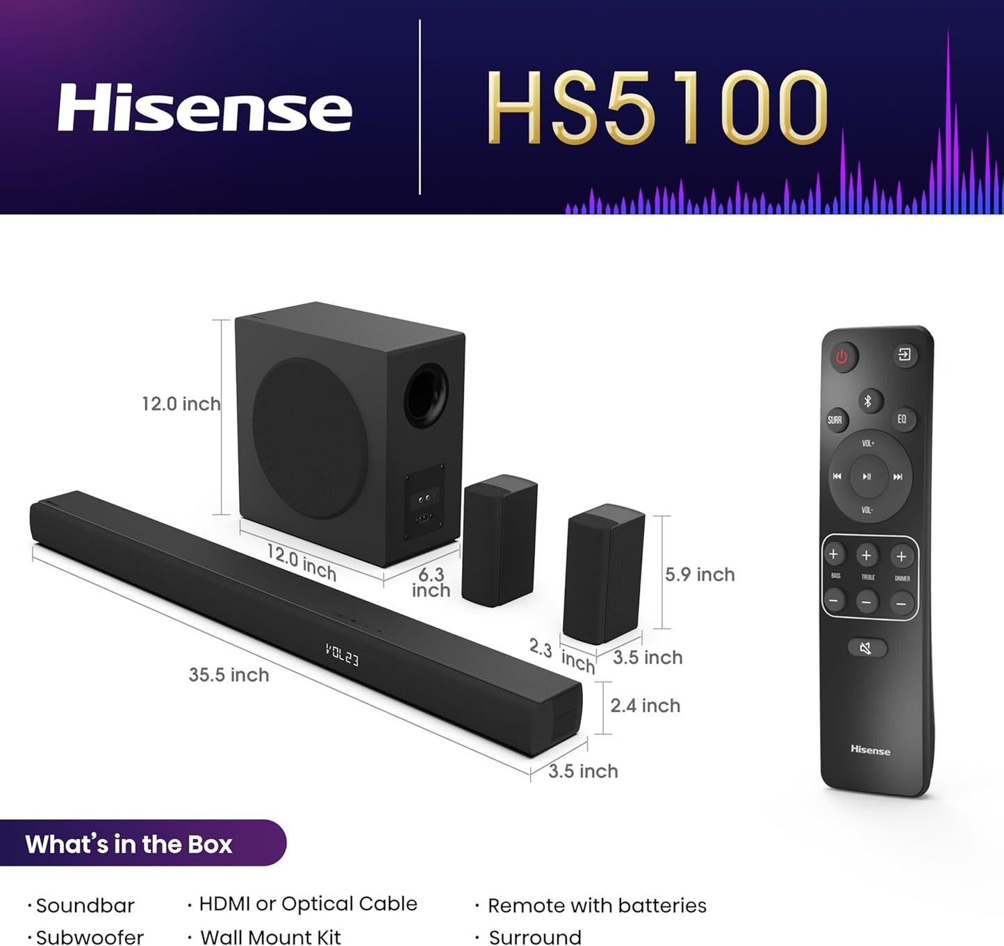 HS5100 5.1Ch Sound Bar with Wireless Subwoofer, 540W, Dolby Digital Plus, Bluetooth 5.3, Ezplay, Roku TV Ready, DTS: X, Hdmi/Aux/Arc/Optical/Usb (HS5100, 2024 Model)
