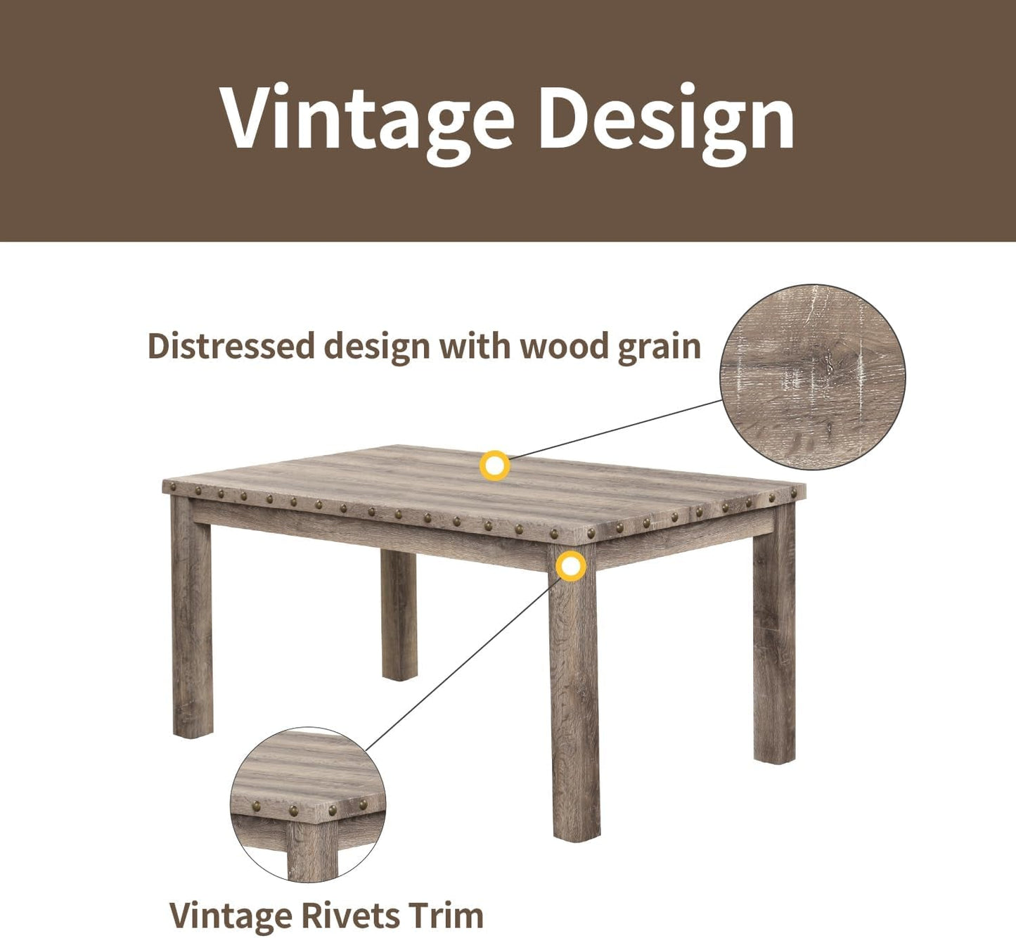 Rustic Dining Table Set for 6, Farmhouse Kitchen Dining Chairs for 6, Charming 60" Rectangular Wooden Table&6 Upholstered Chair with Nailhead Accents for Dining Hub,Breakfast Nook