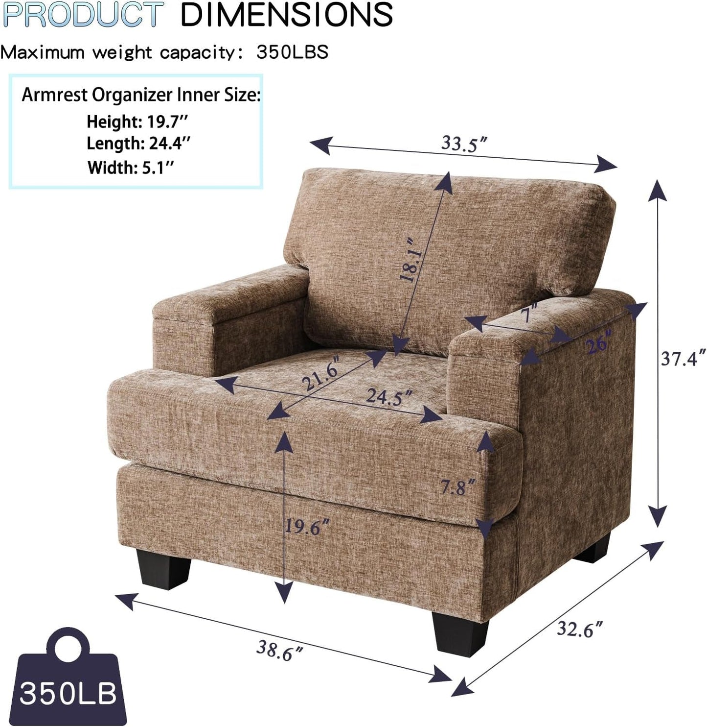 Oversized Accent Chair with Armrest Organizer,Comfy Living Room Chairs with 7.8'' Cushion,Upholstered Mid-Century Armchair,Large Reading Chair for Bedroom Living Room,Office,Chenille,Brown