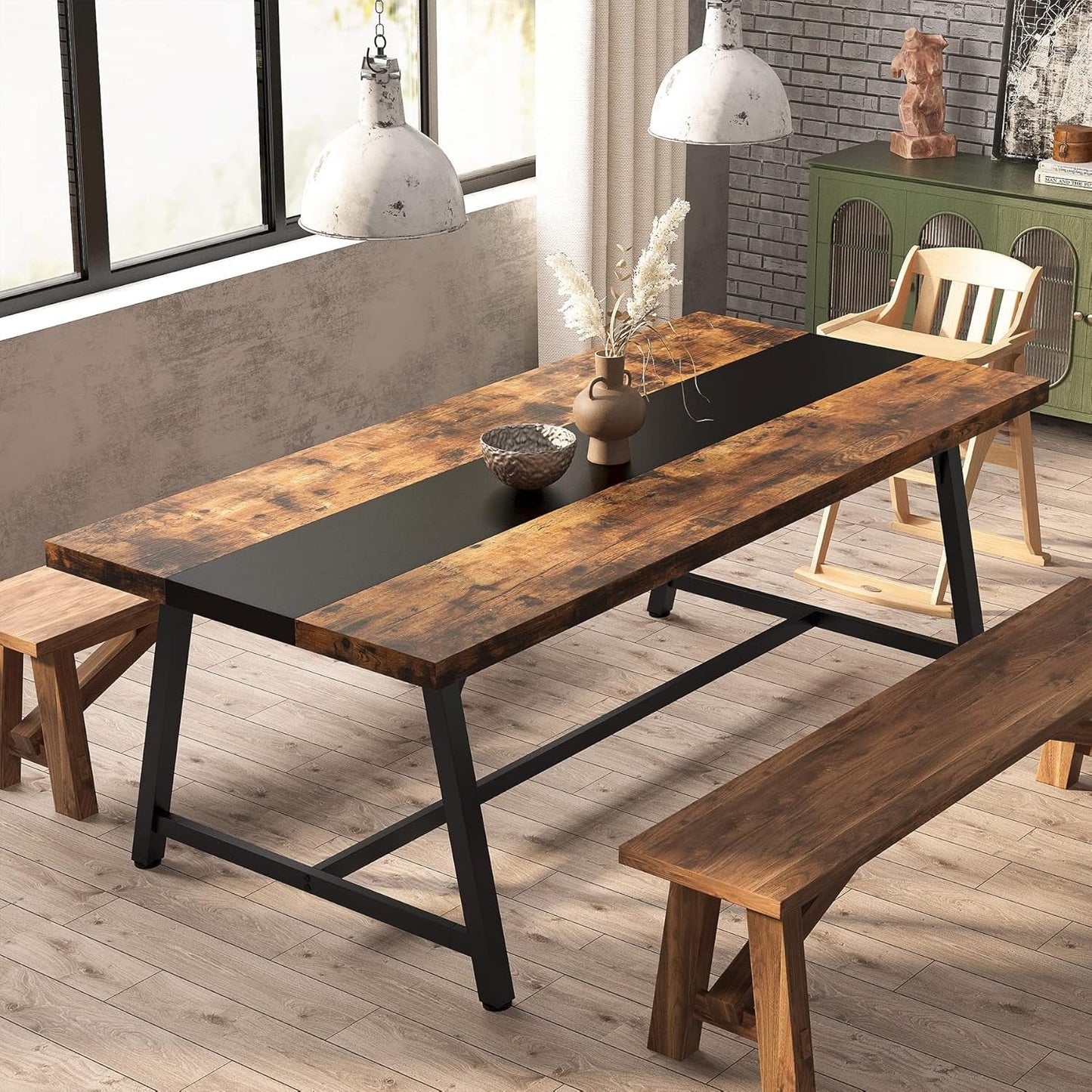 Dining Table for 8 People, 70.87-Inch Rectangular Wood Kitchen Table with Strong Metal Frame, Industrial Large Long Dining Room Table for Big Family (Rustic Brown)
