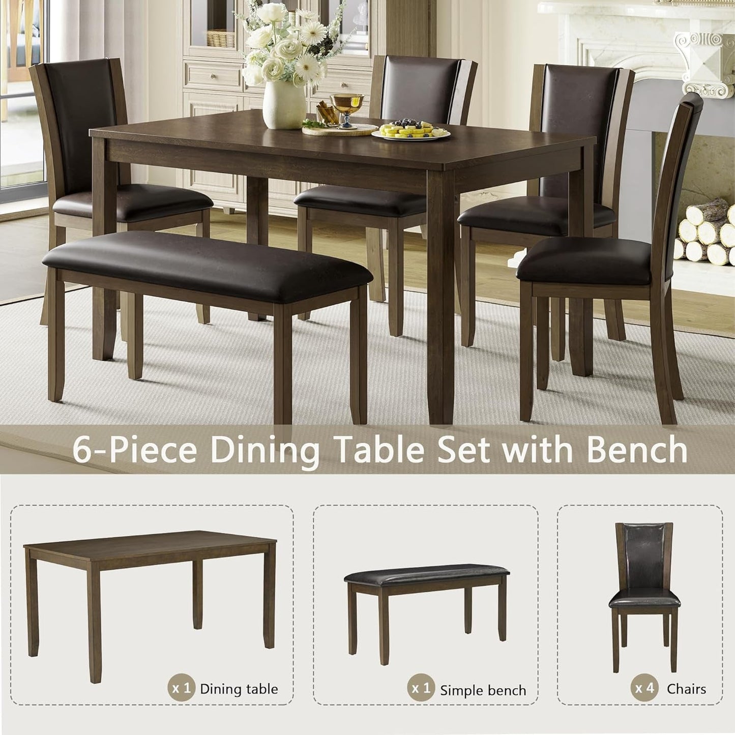 6-Piece Dining Table Set with Bench and Chairs - Solid Wood Kitchen Dining Room Table Set in Farmhouse Rustic Style, Table Set for 6 with 4 Chairs and Bench Seat.(Dark Walnut_Large)