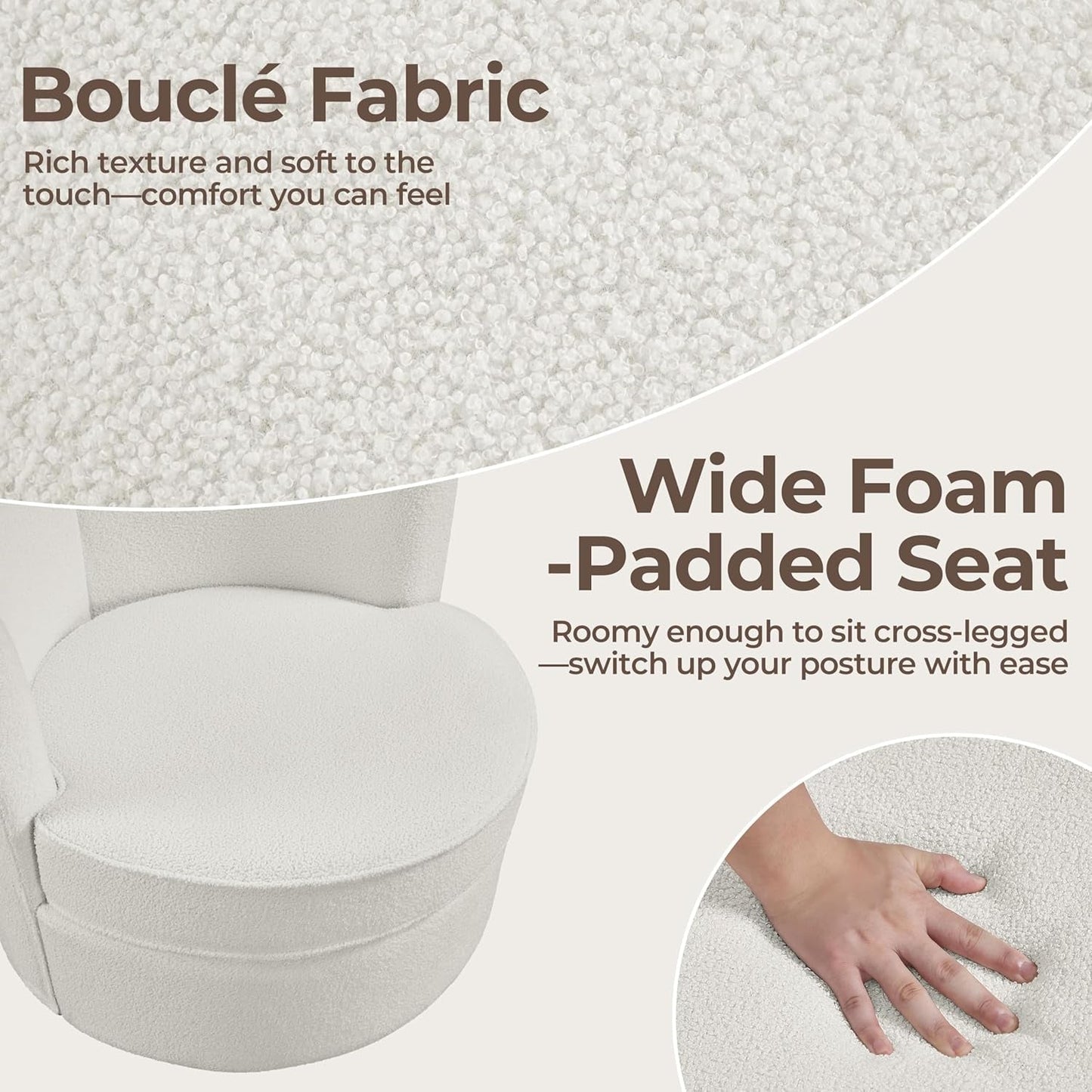 Swivel Barrel Accent Chair, 360 Degree Swivel round Chairs with Removable Throw Pillow, Soft Boucle Single Arm Sofa for Living Room Bedroom Reading, White