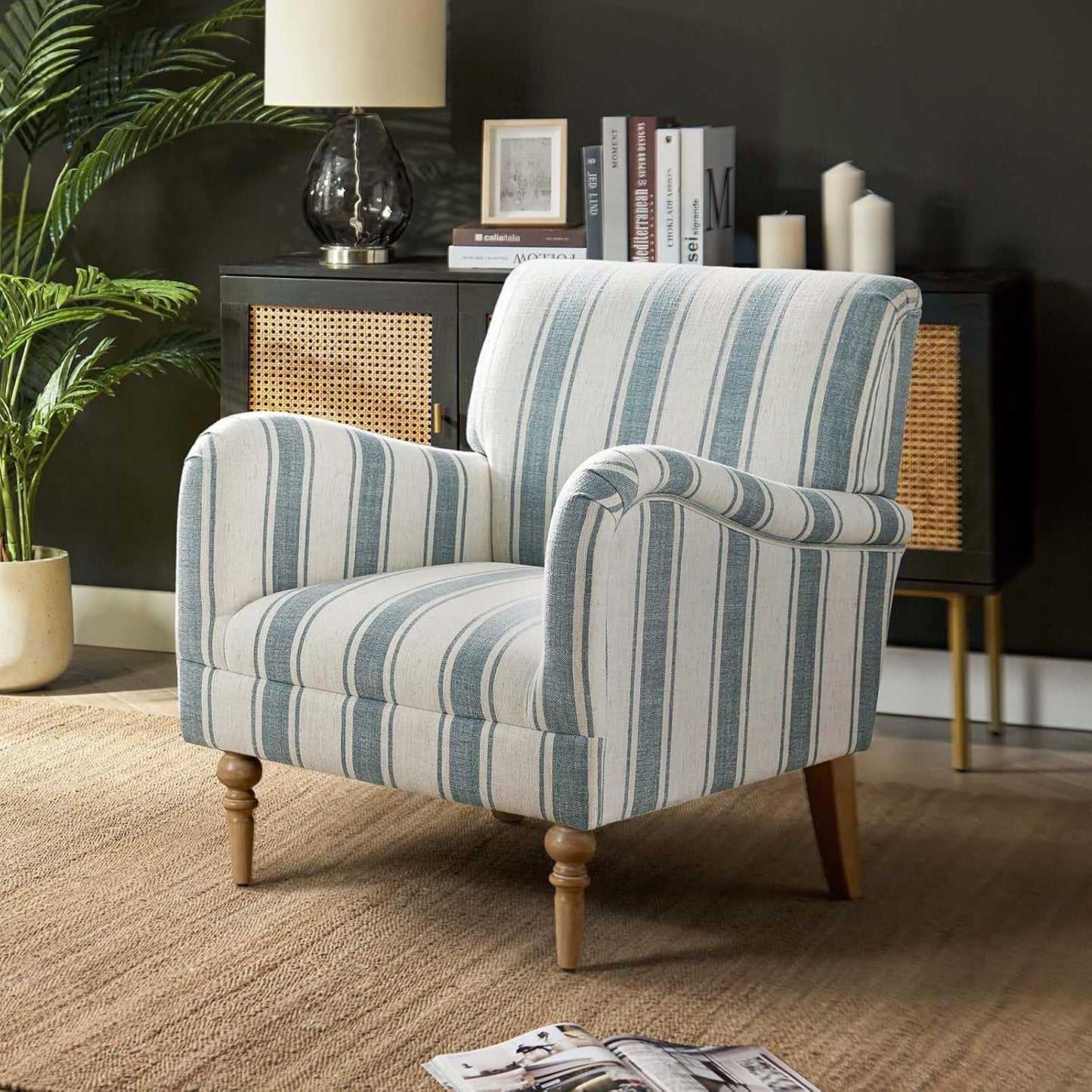 Modern Accent Chair with Arms and Wooden Legs, Comfy Upholstered Armchair for Living Room, Bedroom (Stripe Pattern, Blue)