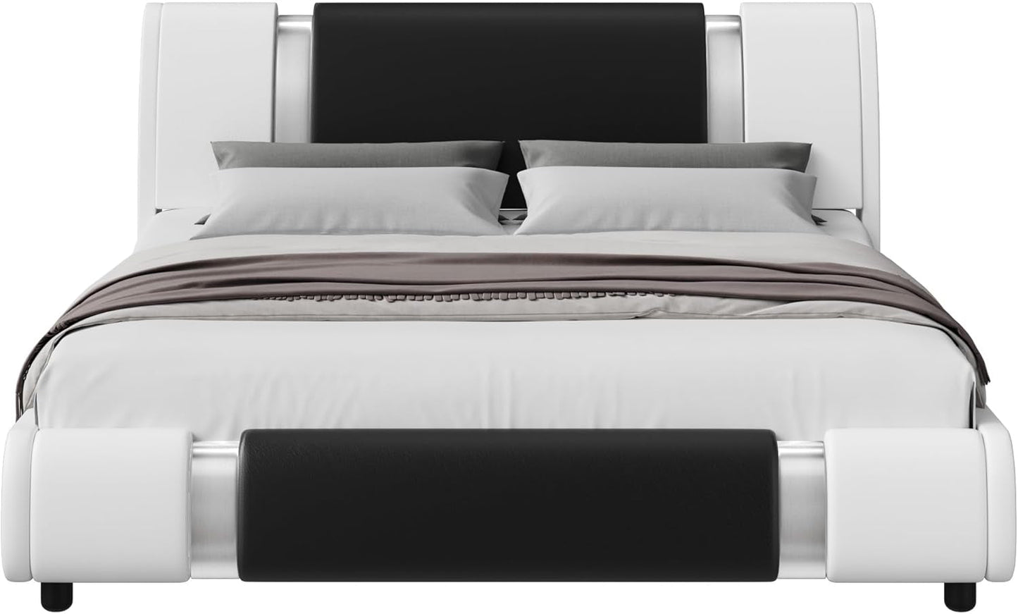 Modern Faux Leather Upholstered Platform Bed Frame with Mirror Metal Decoration Headboard, Curved Headboard, Wooden Slats Support, No Box Spring Needed, Queen Size, Whiteblack