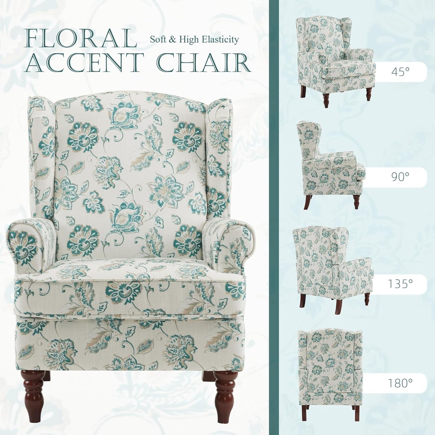 Floral Accent Chair, High Back Upholstered Armchair with Solid Legs, Leisure Single Sofa Chair for Living Room, Bedroom, Home Office, Light Cyan Floral