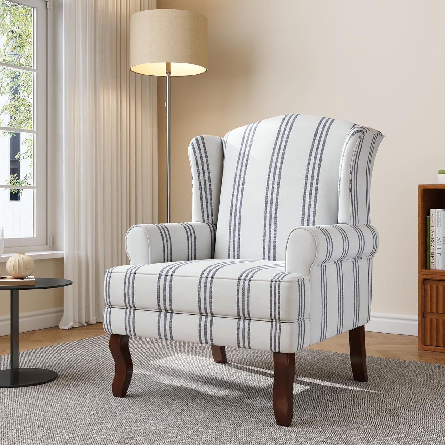 High Back Accent Chair, Upholstered Armchair in Fabric with Solid Wood Legs, Retro Arm Chair Comfy Single Sofa Reading Seat for Living Room - Navy Stripe