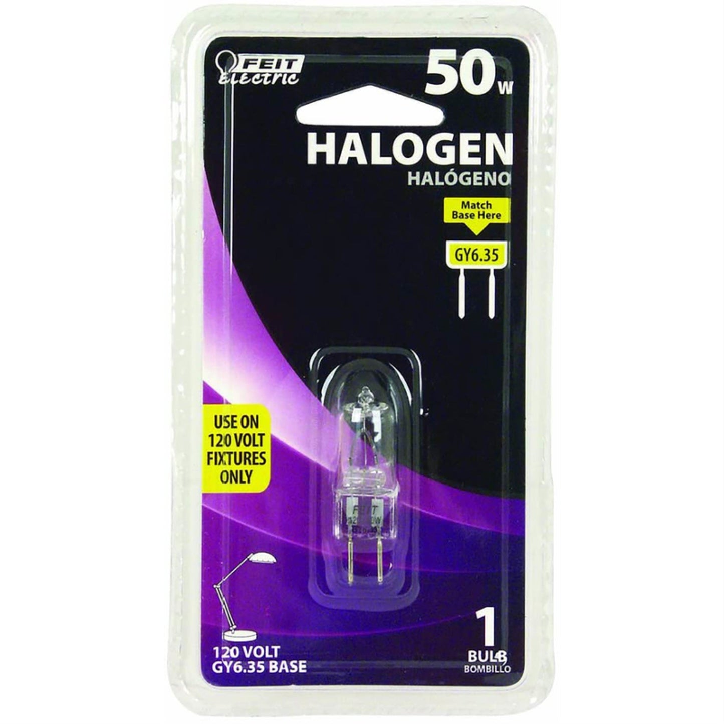Feit Electric Halogen Bulb, 50W T4 Jcd, Bi-Pin Base, Clear, 1 Count, Model Bpq50T4/Jcd/Rp