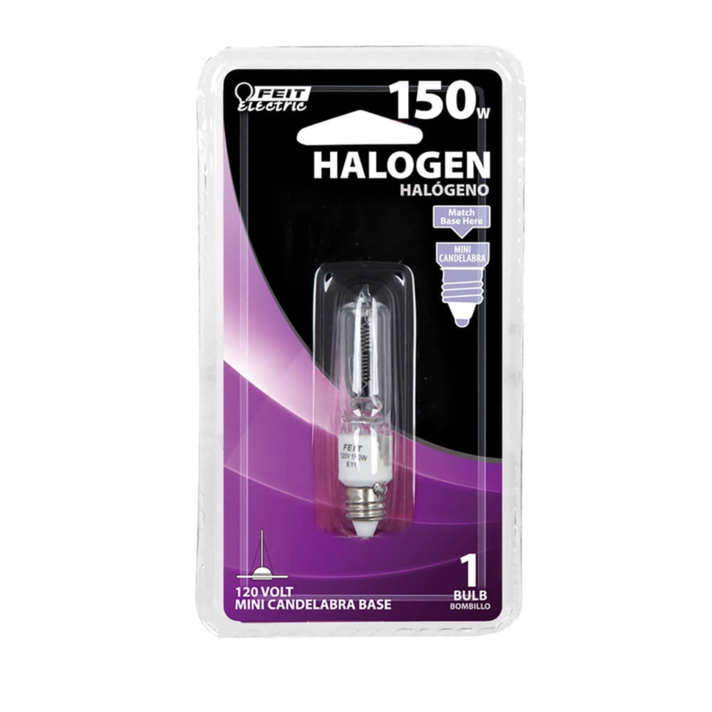Feit Electric 150-Watt Mini Candelabra Halogen Bulb, Clear Glass, 1 Count, Model Bpq150/Cl/Mc/Rp