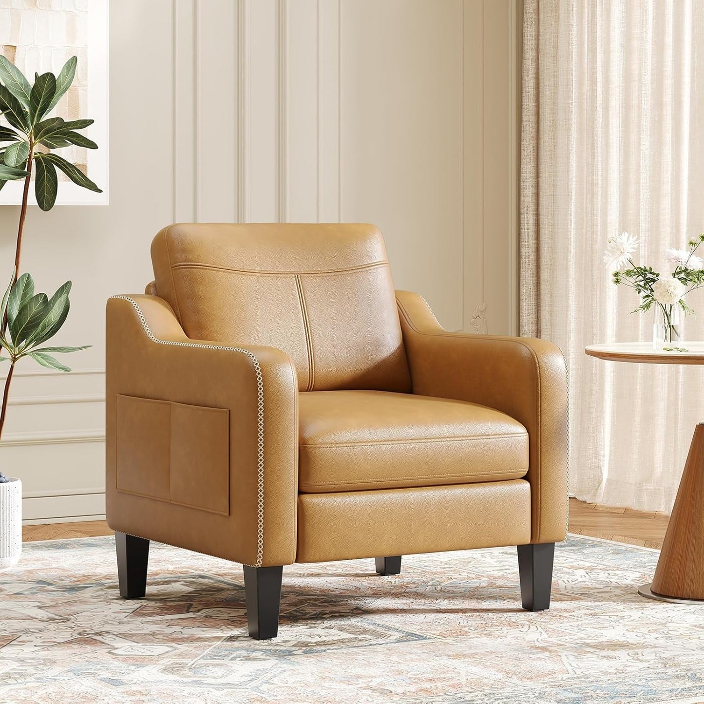 PU Leather Accent Chair, Mid-Century Modern Living Room Armchair Sofa with Removable Cushions, Solid Wood Frame & Stitched Armrest Design, Bedroom Chair with Plastic Legs, Brown