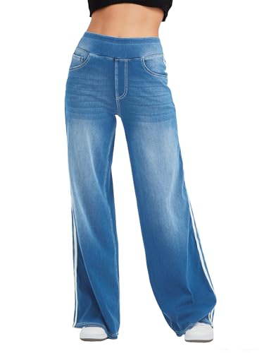 Keolorn Wide Leg Jeans for Women,Unique Color Block Design,High-Waisted Straight Cut,High Elasticity Baggy Denim Pants.