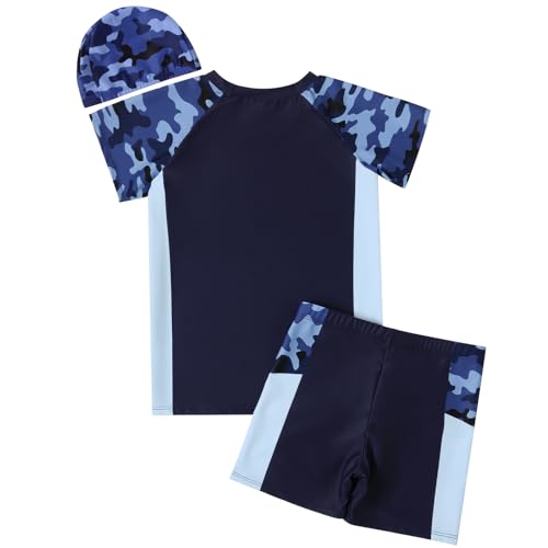 Hotfiary Boys Rash Guard Swimsuits Set Two Piece Short Sleeve Swim Shirts with Trunks Quick Dry Bathing Suit Swimwear 8-15 Y
