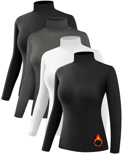 Dalavch 4 Pack Women’s Thermal Turtleneck Shirts, Women Turtle Neck Fleece Lined Compression Long Sleeve Base Layer Tops