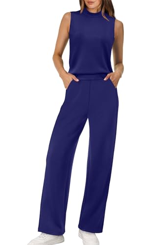 XIEERDUO Two Piece Sets for Women Summer Outfits Travel Mock Neck Lounge Sets Wide Leg Pants Beach Vacation Clothes