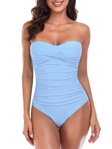 RELLECIGA Women's Tummy Control One Piece Swimsuit Bandeau Strapless Bathing Suits