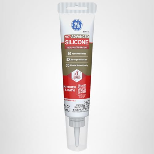 GE Advanced Silicone Caulk for Kitchen & Bathroom, White, 2.8 fl oz Tube, 1 Pack - 100% Waterproof Silicone Sealant, 5X Stronger Adhesion, Shrink & Crack Proof