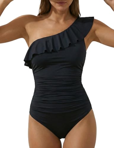 Hilor Women's One Piece Swimsuit One Shoulder Ruffle Tummy Control Bathing Suit Modest Slimming Swimwear Flattering Monokini
