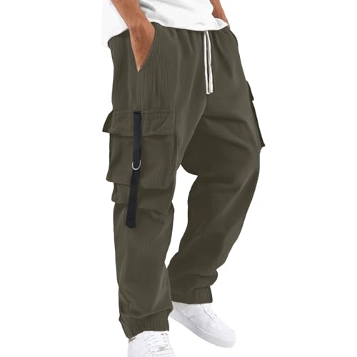 Corduroy Cargo Pants Mens Casual Drawstring Elastic Waist Tapered Pants Loose Fit Lightweight Joggers Trousers with Pockets