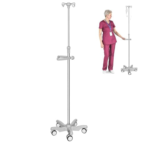 IV Pole with Wheels Medical Portable IV Stand Pole, IV Bag Stand with Removable IV Bag Holder, Adjustable Height Pole, 4 H...