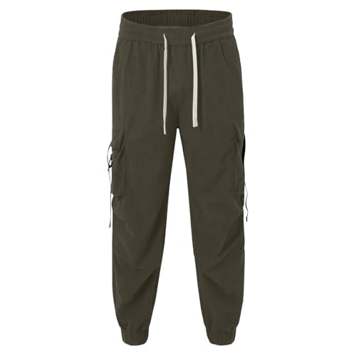 Corduroy Cargo Pants Mens Casual Drawstring Elastic Waist Tapered Pants Loose Fit Lightweight Joggers Trousers with Pockets