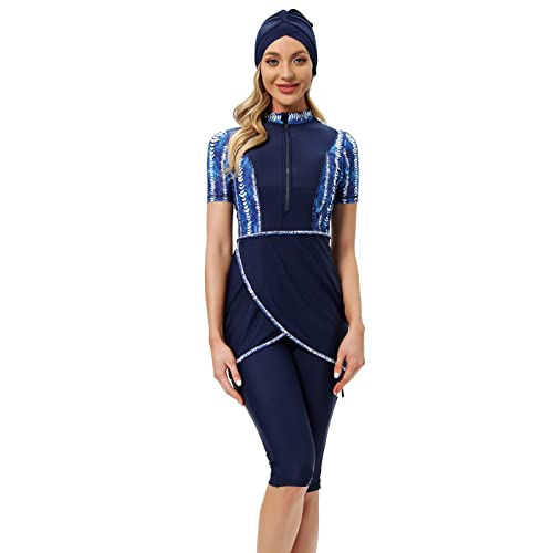 Women Burkini Swimsuits Modest Muslim Swimwear Islamic Short Sleeve Full Cover Hijab Top Swim Capris Pants Set