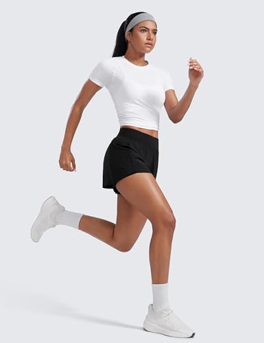 CRZ YOGA 2 in 1 Double Layer Running Shorts for Women 3" - High Waisted for Athletic Tennis Workout with Zip Pockets