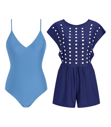 RIHOAS Womens Two-Piece Swimwear Cover Up with One Piece Bikini Built in Bra with Short Full Coverage Ruffle Swimsuit