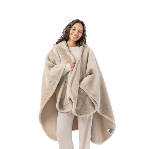 Berkshire Faux Fur Wearable Blanket, Cozy Reversible Loftmink Fleece Shawl with Hood & Side Pockets