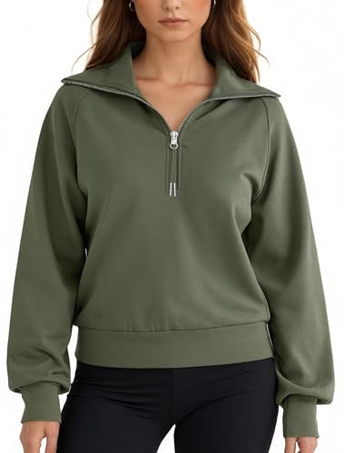 Women's Cropped Half Zip Pullover Quarter Zipper Long Sleeve Sweatshirt for Casual Wear