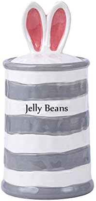 Blue Sky Clayworks Bunny Nibbles Treat Jar, Ceramic 5.9” x 5.9” x 10.75” H, Hand-Painted Whimsical Bunny-Ear Candy Jar with Grey Stripes