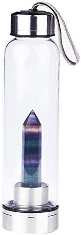 Crystal Glass Water Bottle, Glass Water Bottle with Changeable Natural Crystal Center, Quartz Gemstone Water Bottle for Natural