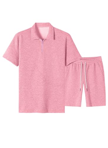 JMIERR Men's Tracksuits 2 Piece Outfits Casual Sweatsuit Textured 1/4 Zip Short Sleeve Golf Polo Shirt and Short Sets