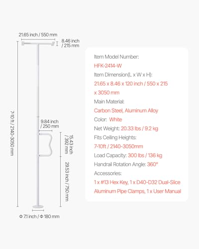 VEVOR Floor-to-Ceiling Transfer Pole, Tension Mounted Bathroom Grab Bar with Anti-Slip Curve Handle, 300 Lbs Capacity Secu...