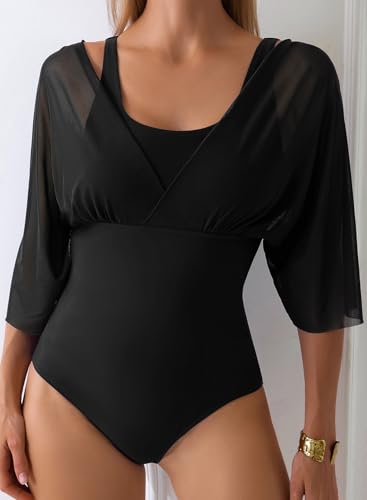 Aleumdr Women's One Piece Swimsuit Modest Tummy Control Bathing Suit V Neck Mesh Sleeve Slimming Swimwear Beachwear